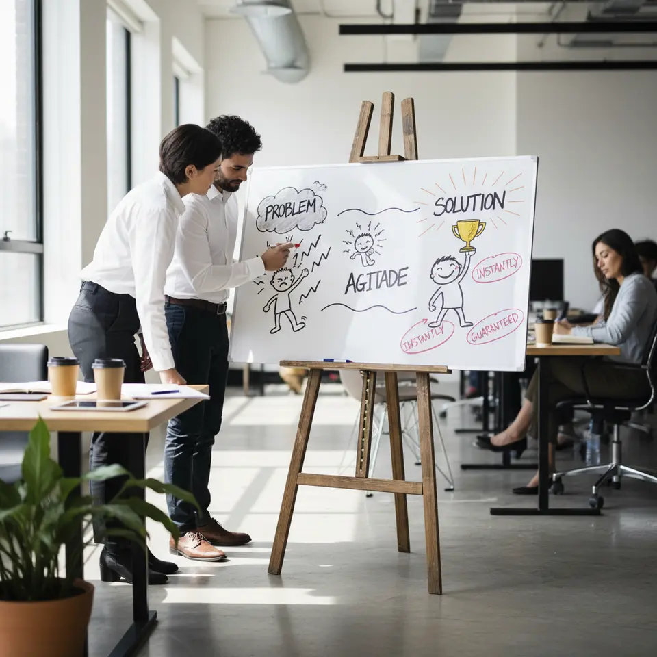 A three-panel flowchart illustrating the PAS (Problem–Agitate–Solution) framework: Panel 1 shows a frustrated user icon under a dark cloud labeled “Problem,” Panel 2 magnifies the tension with lightning bolts labeled “Agitate,” and Panel 3 depicts a relieved person holding a trophy under bright rays labeled “Solution,” with power words like “exclusive,” “instantly,” and “guaranteed” highlighted around the panels.