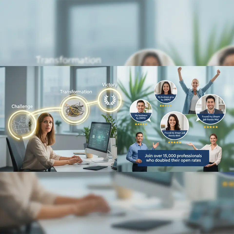A split-scene illustrating storytelling and social proof: on the left, a winding narrative arc with a character moving from confusion to triumph through labeled milestones (Challenge → Transformation → Victory); on the right, floating testimonial bubbles, five-star ratings, and a statistic banner reading “Join over 15,000 professionals who doubled their open rates,” all set against a soft, engaging background.