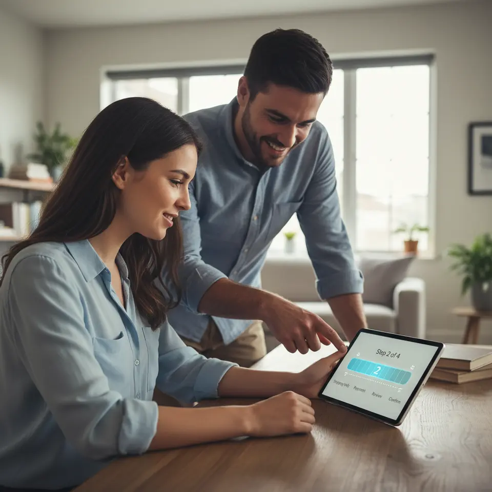 A stylized multi-step progress bar illustration labeled “Step 2 of 4,” with distinct segments filled to show completed steps, the current step highlighted, and remaining steps grayed out; include subtle arrows or dots to emphasize the user’s journey through a form or checkout flow.