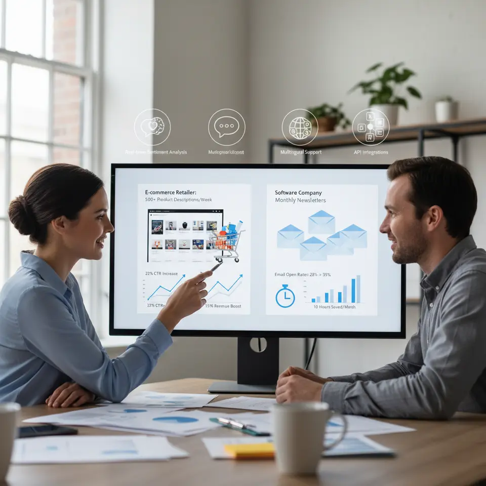 Real-World Success Stories and Future Outlook: An infographic-style composition featuring two case studies side by side—left: an e-commerce retailer using AI to produce 500+ product descriptions in a week, with a 22% click-through rate increase and 15% revenue boost, shown via product page mockups, shopping cart icons, and upward-trending graphs; right: a software company generating AI-crafted monthly newsletters, boosting email open rates from 28% to 35% and saving 10 hours per month, illustrated with email envelopes, clocks, and bar charts. In the background, subtle icons for real-time sentiment analysis, multilingual support, and API integrations hint at the future of AI copywriting.