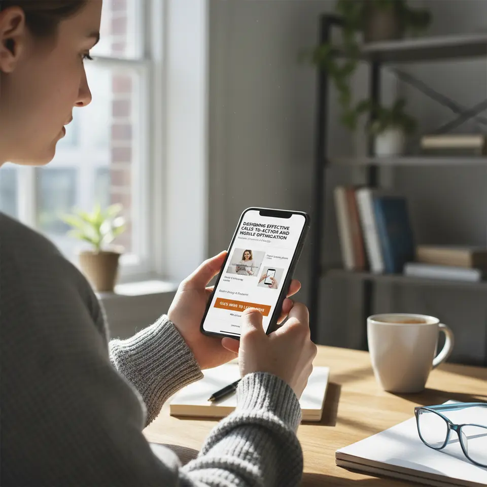 Show a smartphone screen displaying a single-column email layout with a bold, oversized CTA button (at least 44×44 pixels), ample white space, compressed images with alt-text, and clear headings to illustrate 'Designing Effective Calls-to-Action and Mobile Optimization'