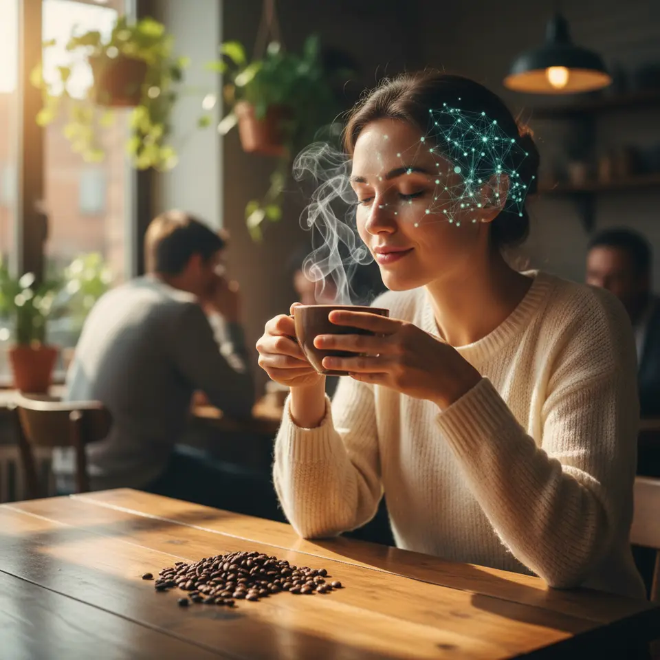 Emotional Engagement through Sensory-Rich Narratives: A close-up scene of a person savoring a steaming cup of coffee—visible swirling aroma lines, textured coffee beans on the table, warm lighting reflecting off the cup, and subtle neural‐network overlays highlighting sensory brain regions lighting up, evoking taste, scent, and touch.