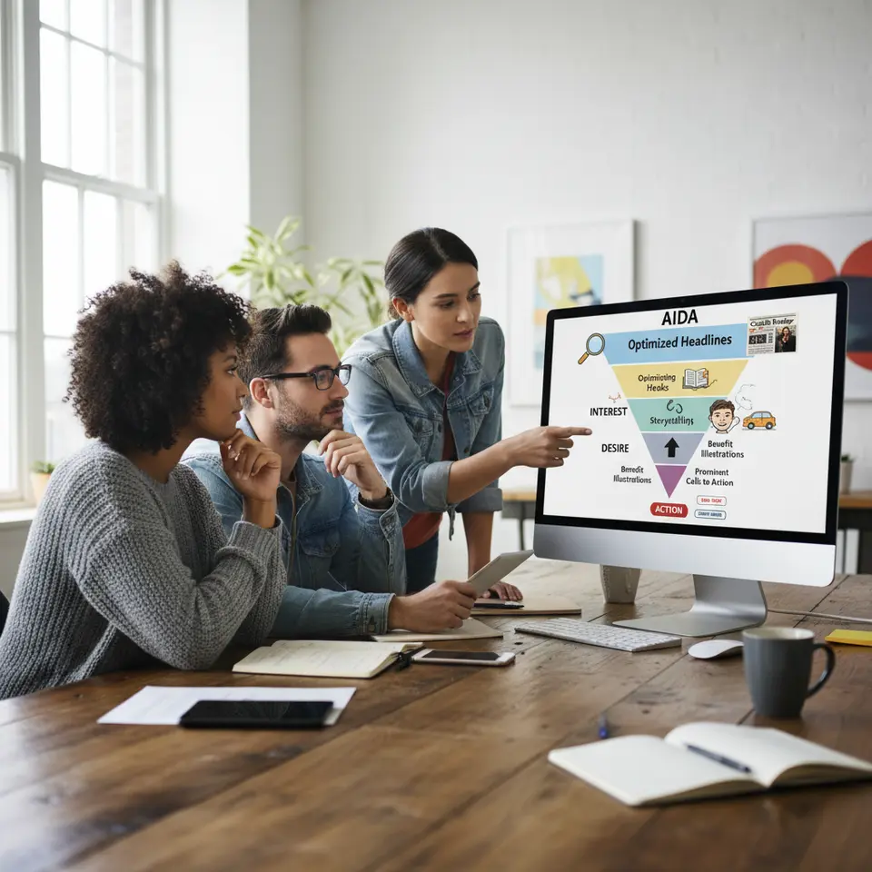 An infographic of the AIDA copywriting framework depicted as a four-stage funnel (Attention, Interest, Desire, Action), with visuals for optimized headlines, storytelling hooks, benefit illustrations, and prominent calls to action at each level