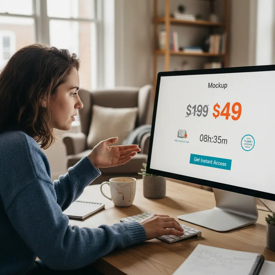 A dynamic call-to-action mockup for a landing page: the original price crossed out next to a bold discounted price, a live countdown timer showing hours and minutes remaining, an icon of a free bonus e-book, a small testimonial badge (‘Join 10,000+ satisfied users’), and a prominent 'Get Instant Access' button in a contrasting color.